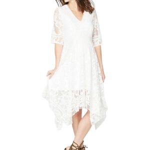 Taylor Handkerchief Hem White Lace V-Neck Bridal Shower Midi Dress - Sz S